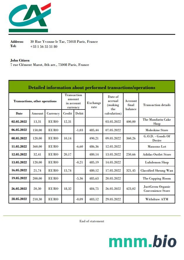 France Credite Agricole Bank statement xls